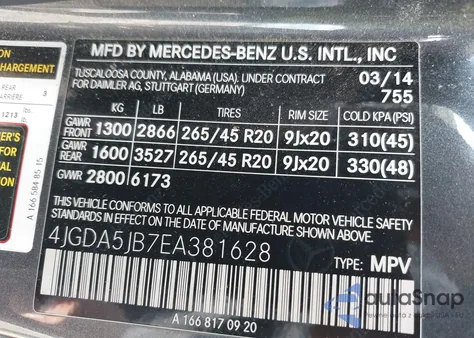 2014 Mercedes-Benz Ml 350 from USA, damaged, VIN 4JGDA5JB7EA381628